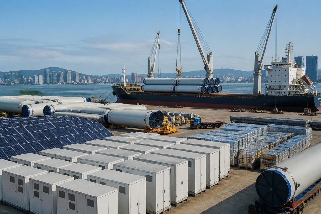 Peralatan energi bersih dan panel surya disiapkan di kawasan pelabuhan untuk pengiriman internasional
