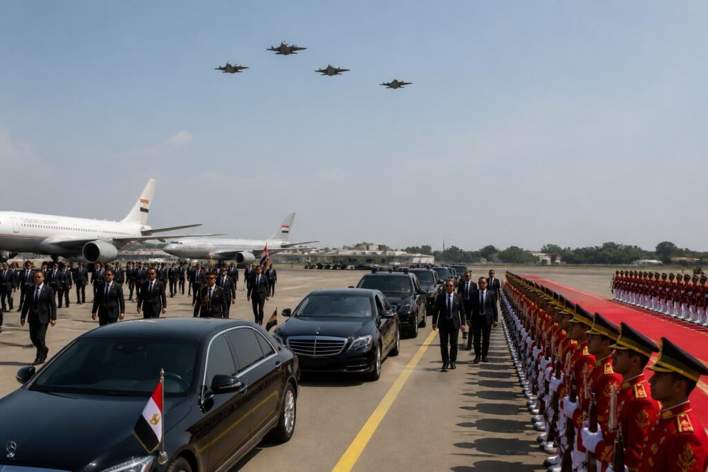 Kedatangan Presiden Mesir Abdel Fattah El-Sisi di Pangkalan TNI AU Halim Perdanakusuma dalam kunjungan kenegaraan ke Indonesia