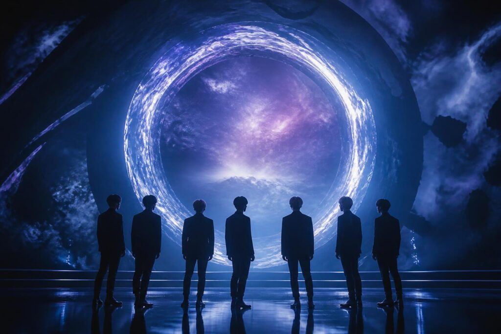 Siluet grup K-pop berdiri di bawah portal bercahaya yang menggambarkan dunia paralel