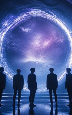 Siluet grup K-pop berdiri di bawah portal bercahaya yang menggambarkan dunia paralel