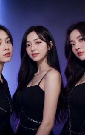 Ilustrasi tiga penyanyi perempuan berdiri bersama dalam suasana studio modern untuk menggambarkan kelanjutan aktivitas trio di agensi baru.