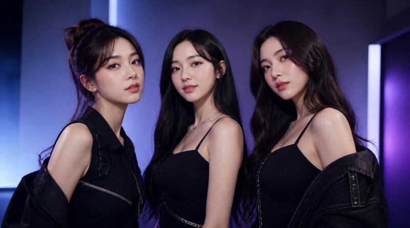 Ilustrasi tiga penyanyi perempuan berdiri bersama dalam suasana studio modern untuk menggambarkan kelanjutan aktivitas trio di agensi baru.