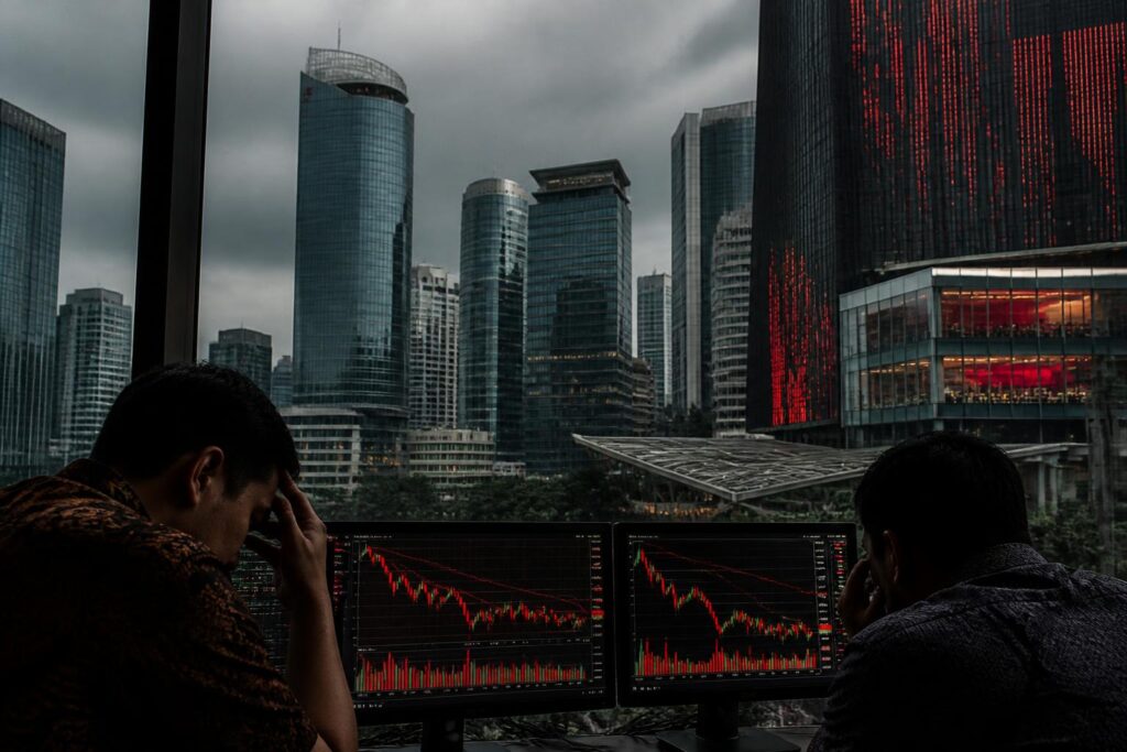 Suasana kawasan bursa dan gedung keuangan di Jakarta saat pasar saham mengalami tekanan tajam