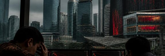 Suasana kawasan bursa dan gedung keuangan di Jakarta saat pasar saham mengalami tekanan tajam