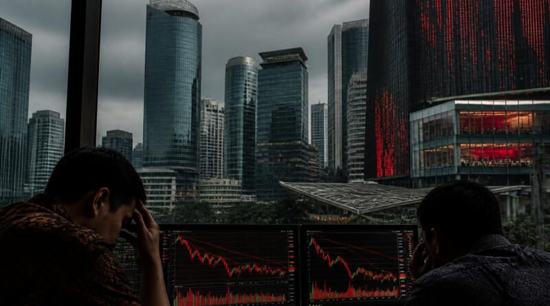 Suasana kawasan bursa dan gedung keuangan di Jakarta saat pasar saham mengalami tekanan tajam