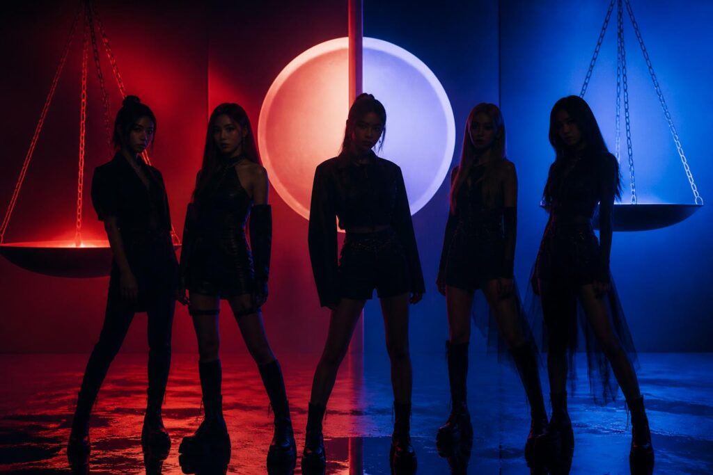 Siluet grup perempuan dalam suasana studio dengan pencahayaan merah dan biru untuk menggambarkan konsep comeback yang tegas dan emosional
