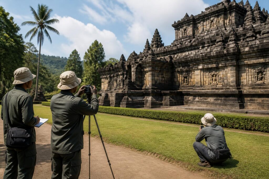 Situs cagar budaya bersejarah di Indonesia dengan lingkungan hijau dan kegiatan dokumentasi pelestarian.