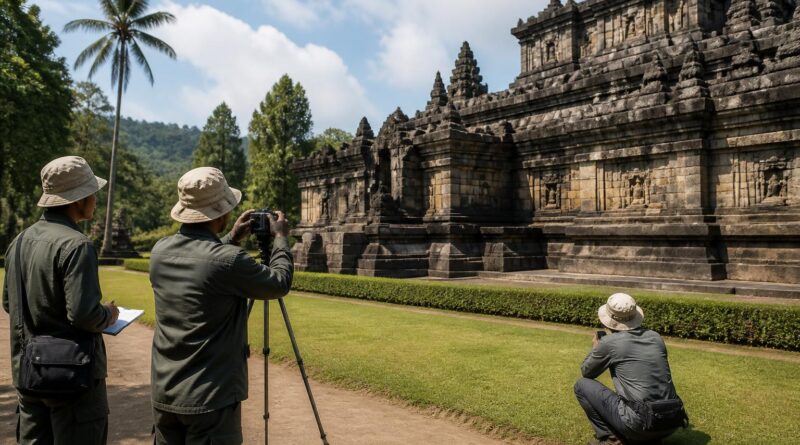 Situs cagar budaya bersejarah di Indonesia dengan lingkungan hijau dan kegiatan dokumentasi pelestarian.