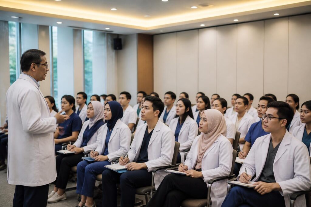 Dokter dan dokter gigi muda mengikuti pembekalan bersama seorang pendamping medis di ruang pelatihan