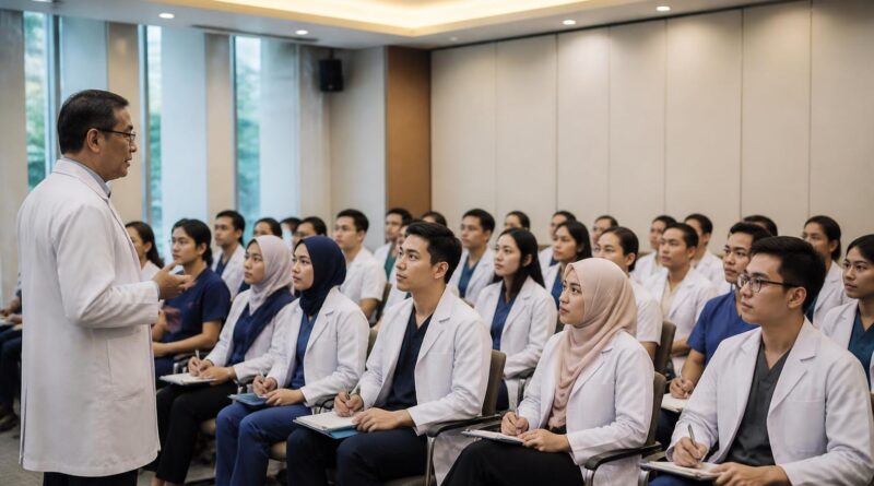 Dokter dan dokter gigi muda mengikuti pembekalan bersama seorang pendamping medis di ruang pelatihan