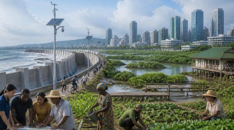 Ilustrasi kota pesisir dengan tanggul, sistem peringatan dini, lahan pertanian tahan kekeringan, dan masyarakat yang beradaptasi terhadap perubahan iklim