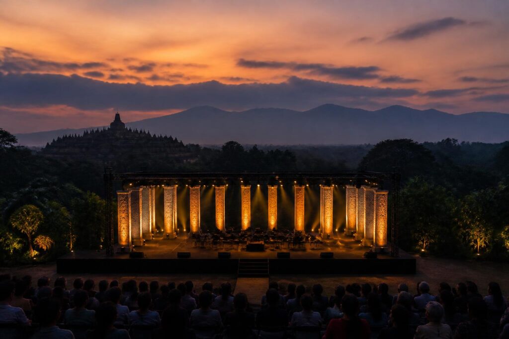Suasana panggung konser di kawasan Candi Borobudur menjelang malam