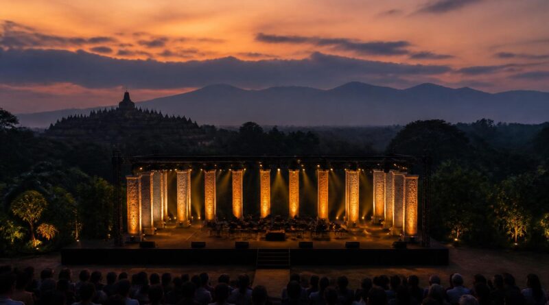 Suasana panggung konser di kawasan Candi Borobudur menjelang malam