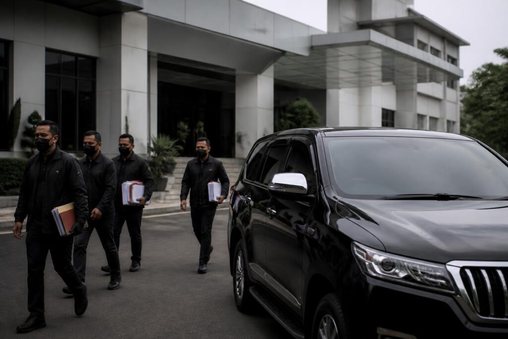 Ilustrasi penyidikan KPK dengan kendaraan SUV di depan gedung perkantoran pemerintahan