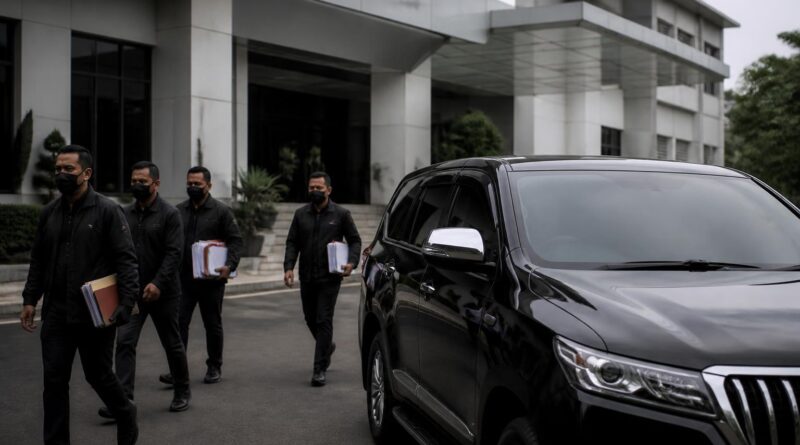 Ilustrasi penyidikan KPK dengan kendaraan SUV di depan gedung perkantoran pemerintahan