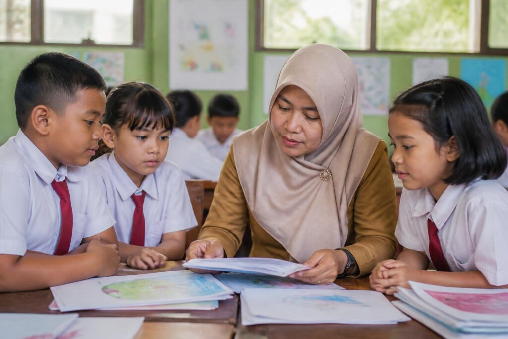 Guru berdiskusi dengan siswa sekolah dasar di ruang kelas saat meninjau proses pembelajaran