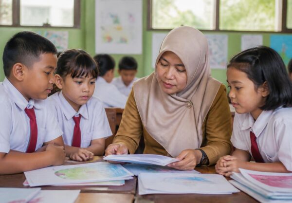Guru berdiskusi dengan siswa sekolah dasar di ruang kelas saat meninjau proses pembelajaran
