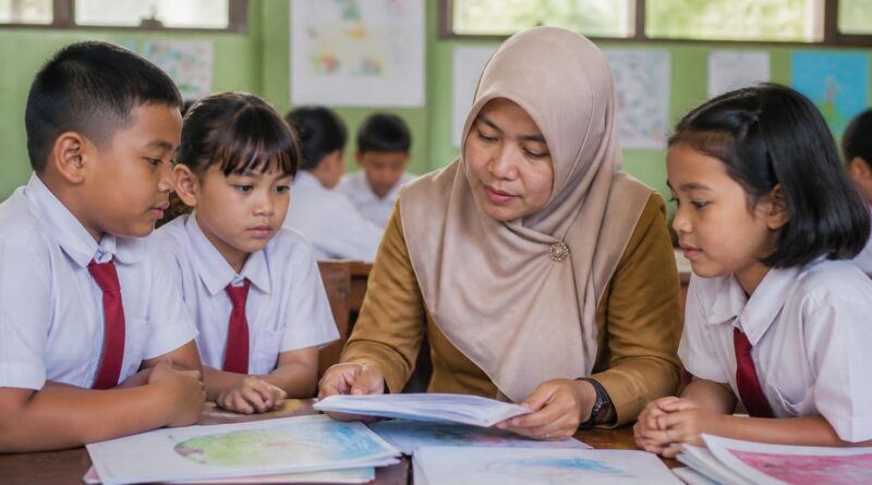 Guru berdiskusi dengan siswa sekolah dasar di ruang kelas saat meninjau proses pembelajaran