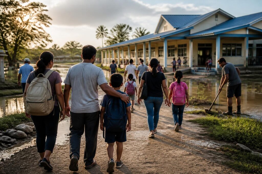 Anak-anak bersama keluarga berjalan menuju sekolah yang aman setelah terdampak perpindahan akibat bencana iklim