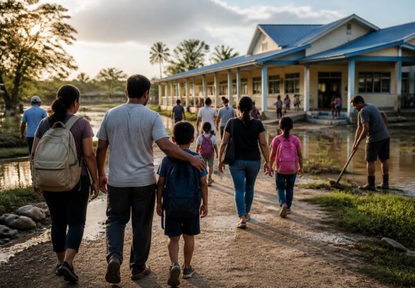 Anak-anak bersama keluarga berjalan menuju sekolah yang aman setelah terdampak perpindahan akibat bencana iklim