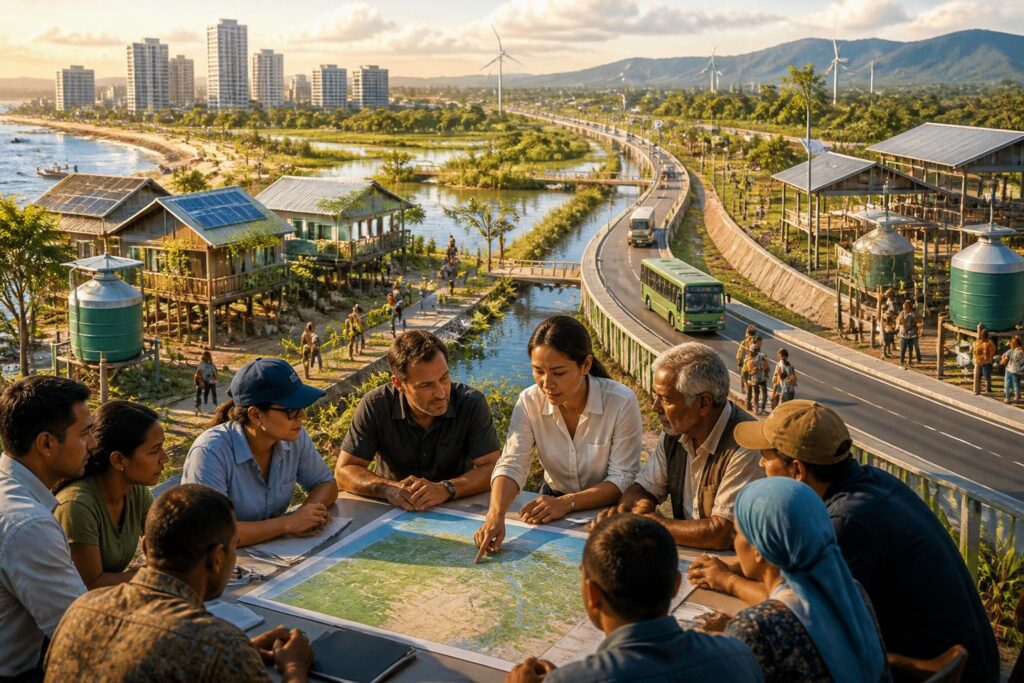 Ilustrasi perencanaan kota dan komunitas yang menyiapkan hunian serta infrastruktur aman bagi perpindahan akibat perubahan iklim
