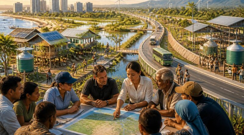Ilustrasi perencanaan kota dan komunitas yang menyiapkan hunian serta infrastruktur aman bagi perpindahan akibat perubahan iklim