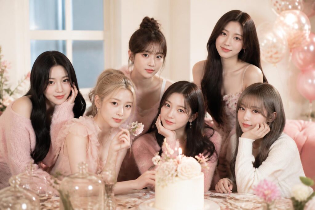 Enam anggota grup perempuan tampil bersama dalam suasana perayaan bernuansa dreamy untuk menggambarkan comeback musik