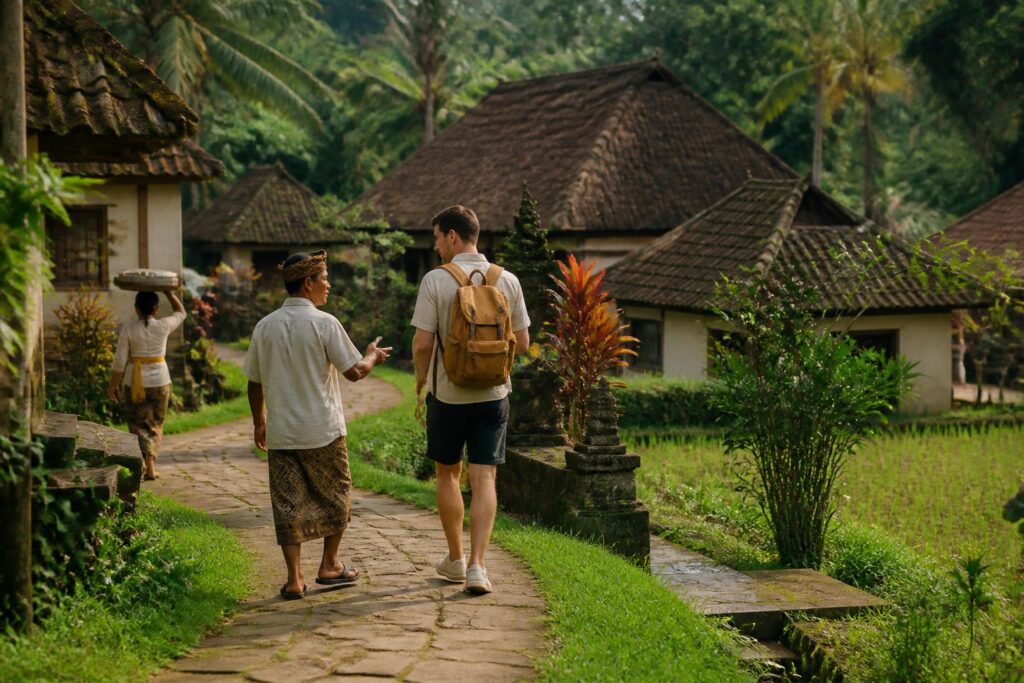 Wisatawan berjalan bersama pemandu lokal di lingkungan desa dengan rumah tradisional dan lahan hijau