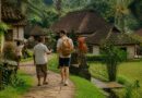 Wisatawan berjalan bersama pemandu lokal di lingkungan desa dengan rumah tradisional dan lahan hijau