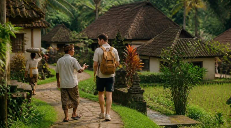 Wisatawan berjalan bersama pemandu lokal di lingkungan desa dengan rumah tradisional dan lahan hijau