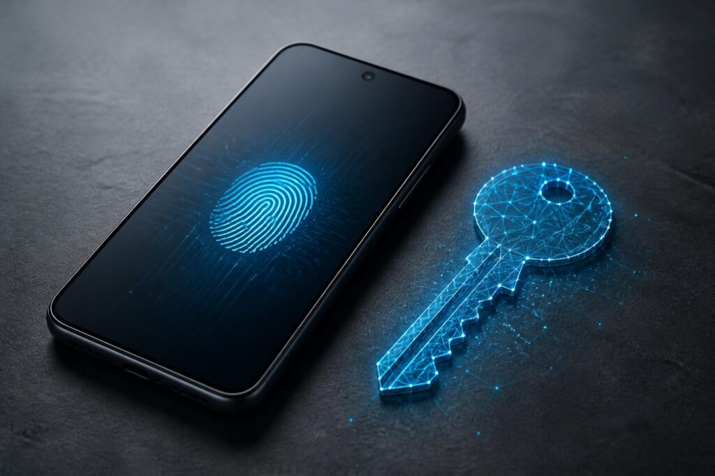 Ponsel Android dengan simbol kunci digital dan verifikasi biometrik untuk login tanpa password