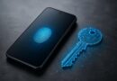 Ponsel Android dengan simbol kunci digital dan verifikasi biometrik untuk login tanpa password