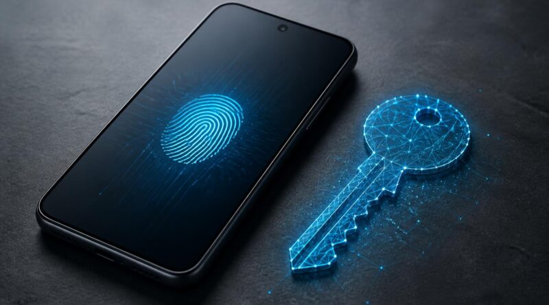 Ponsel Android dengan simbol kunci digital dan verifikasi biometrik untuk login tanpa password