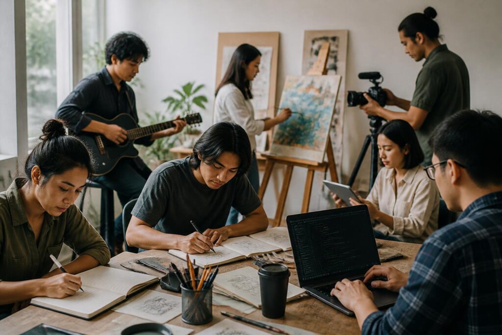 Pekerja kreatif dari berbagai bidang berkolaborasi di studio dengan karya seni, alat musik, dan komputer