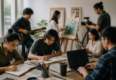 Pekerja kreatif dari berbagai bidang berkolaborasi di studio dengan karya seni, alat musik, dan komputer