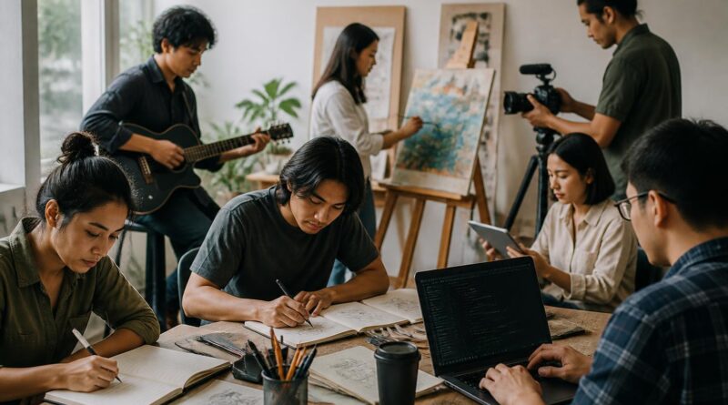 Pekerja kreatif dari berbagai bidang berkolaborasi di studio dengan karya seni, alat musik, dan komputer