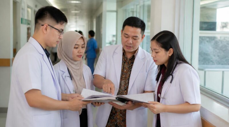 Dokter residen dan pembimbing berdiskusi di koridor rumah sakit pendidikan