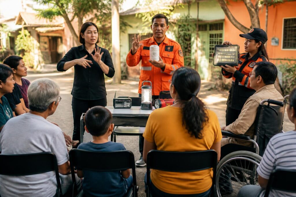 Warga beragam mengikuti simulasi komunikasi peringatan bencana dengan dukungan bahasa isyarat dan perangkat aksesibel