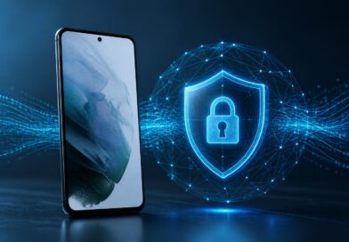Ilustrasi ponsel Android dengan simbol koneksi jaringan aman dan aliran data terenkripsi