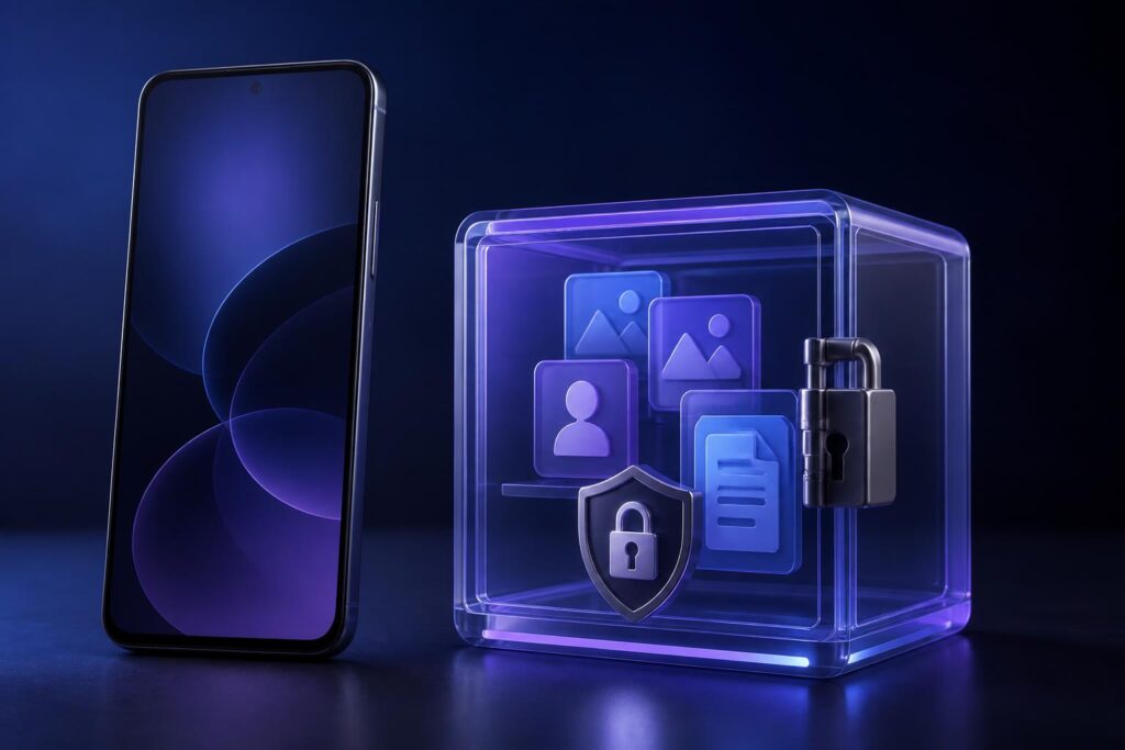 Ponsel Android di samping ruang digital terkunci yang melambangkan pemisahan aplikasi dan data pribadi