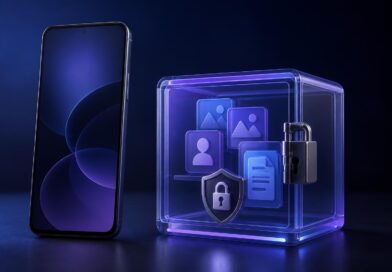 Ponsel Android di samping ruang digital terkunci yang melambangkan pemisahan aplikasi dan data pribadi