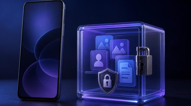 Ponsel Android di samping ruang digital terkunci yang melambangkan pemisahan aplikasi dan data pribadi
