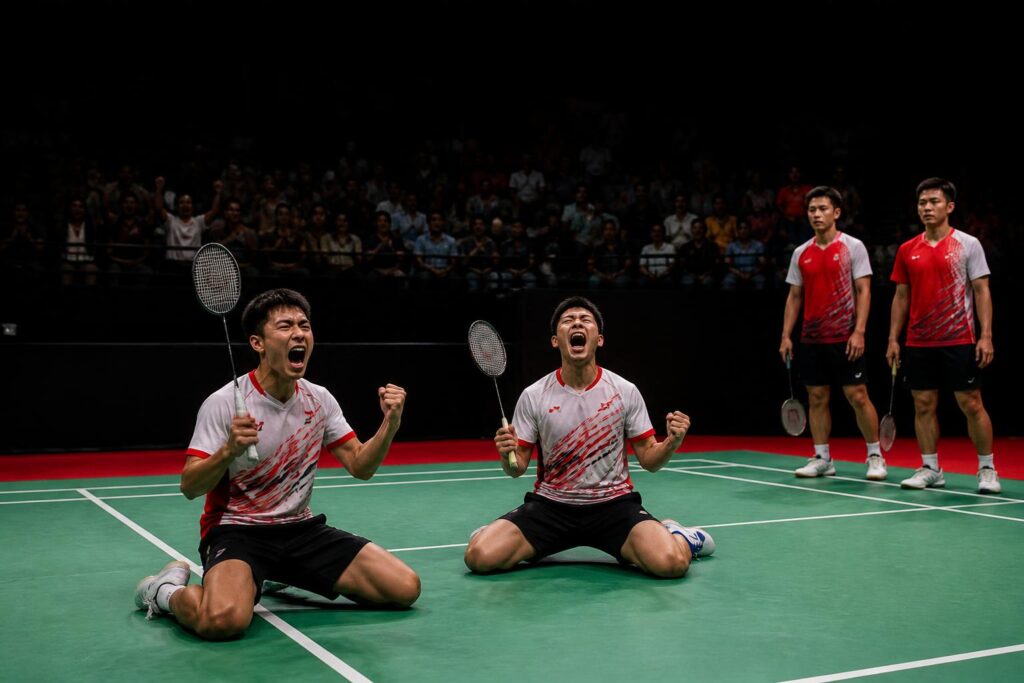 Dua pebulu tangkis ganda putra Indonesia merayakan kemenangan setelah semifinal di arena bulu tangkis Kudus