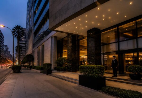Eksterior hotel di Lima pada malam hari dengan suasana tenang dan area trotoar yang sepi