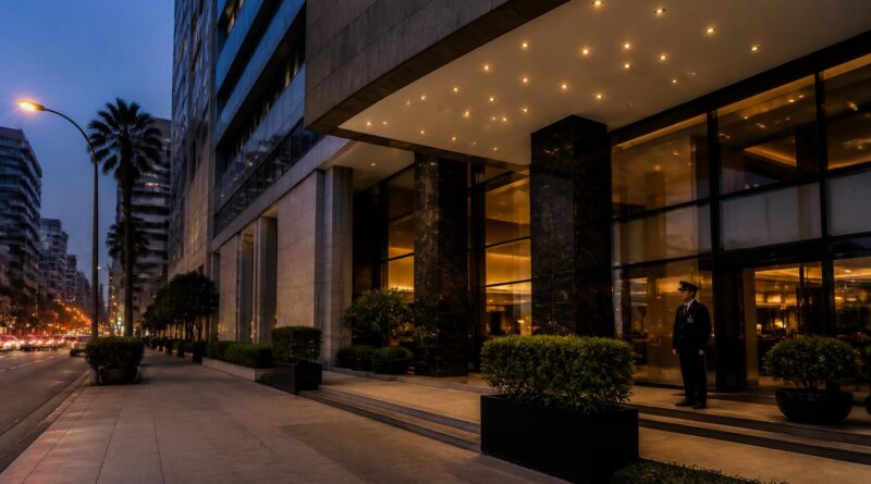 Eksterior hotel di Lima pada malam hari dengan suasana tenang dan area trotoar yang sepi