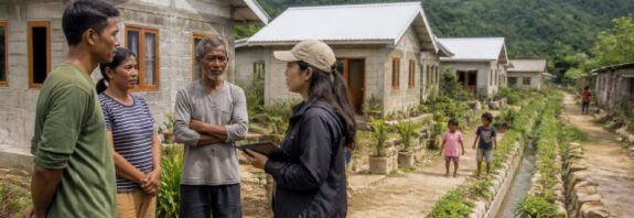 Warga terdampak bencana berdiskusi di dekat rumah yang sedang dipulihkan dalam lingkungan yang lebih aman