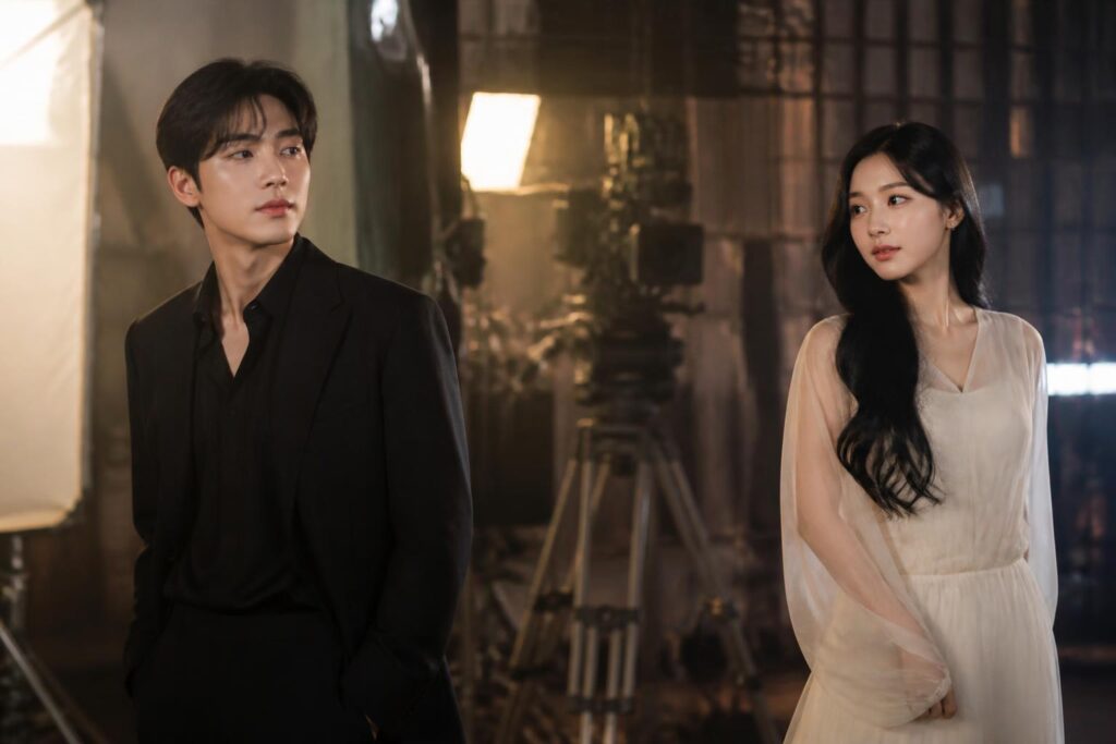 Ilustrasi dua artis Korea berdiri di area produksi video musik dengan suasana profesional dan hangat
