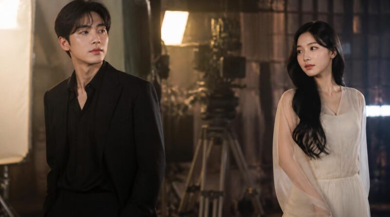 Ilustrasi dua artis Korea berdiri di area produksi video musik dengan suasana profesional dan hangat
