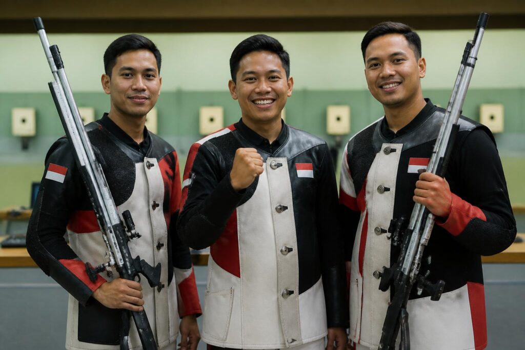 Tiga atlet menembak Indonesia berdiri bersama di arena pertandingan setelah nomor beregu putra