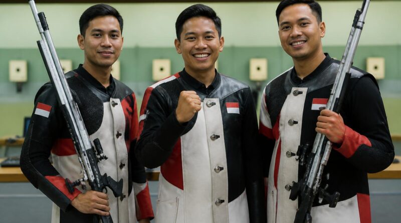 Tiga atlet menembak Indonesia berdiri bersama di arena pertandingan setelah nomor beregu putra